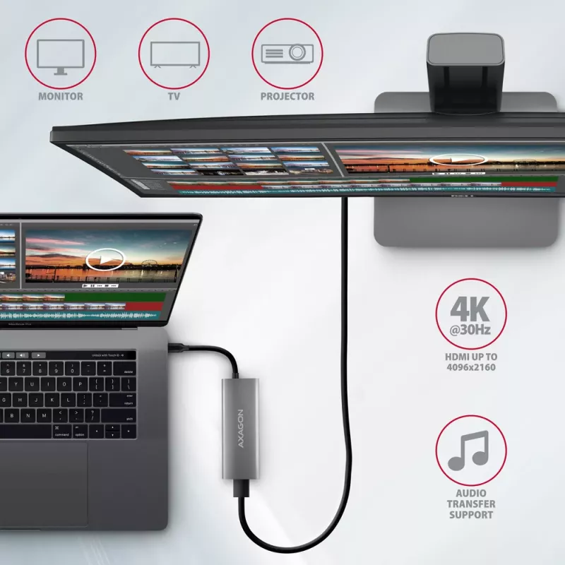 Axagon HMC-5G21 USB 10Gbps hub, 2x USB-A, 2x USB-C, HDMI 4k/30Hz, PD 60W, USB-C cable