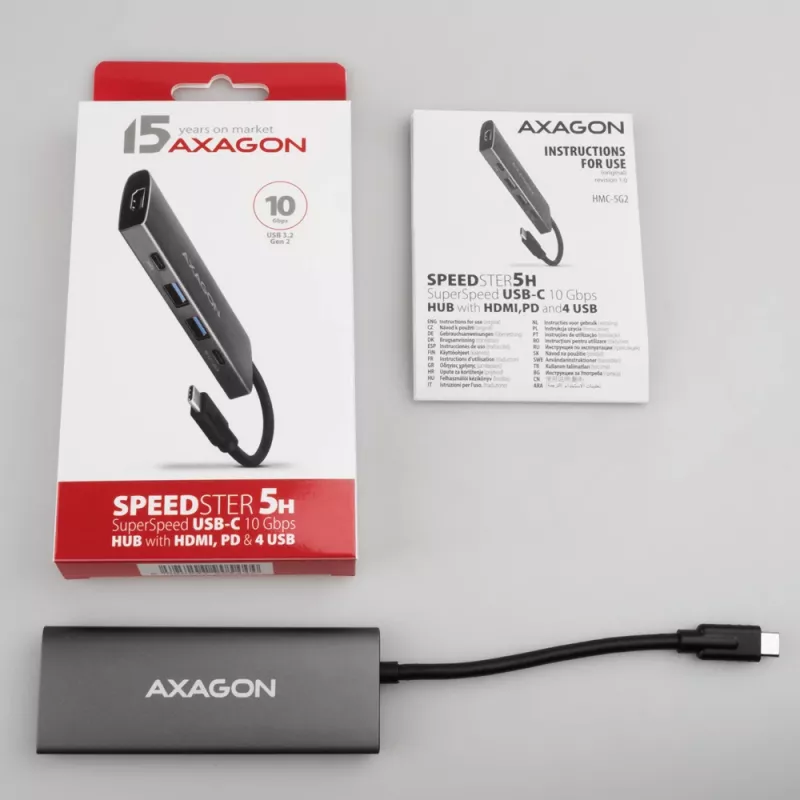 Axagon HMC-5G21 USB 10Gbps hub, 2x USB-A, 2x USB-C, HDMI 4k/30Hz, PD 60W, USB-C cable