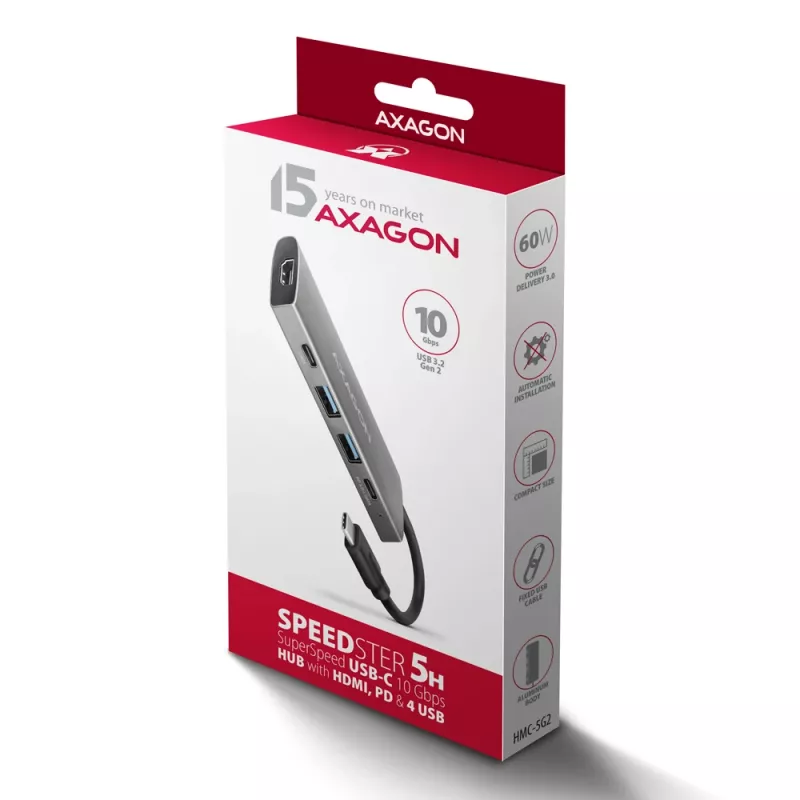 Axagon HMC-5G21 USB 10Gbps hub, 2x USB-A, 2x USB-C, HDMI 4k/30Hz, PD 60W, USB-C cable
