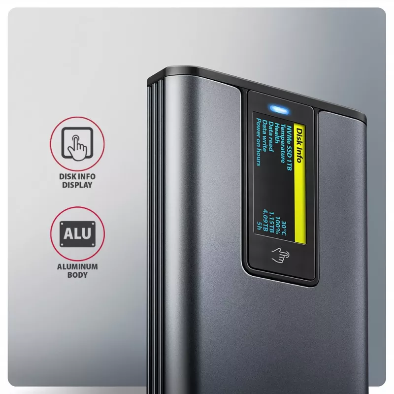 Axagon EEM2-SD2 USB-C 10Gbps - M.2 NVMe & SATA SSD DISPLAY box