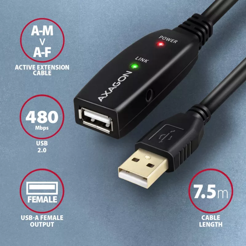 Axagon ADR-207 USB repeater cable 7.5 m USB 2.0 Black