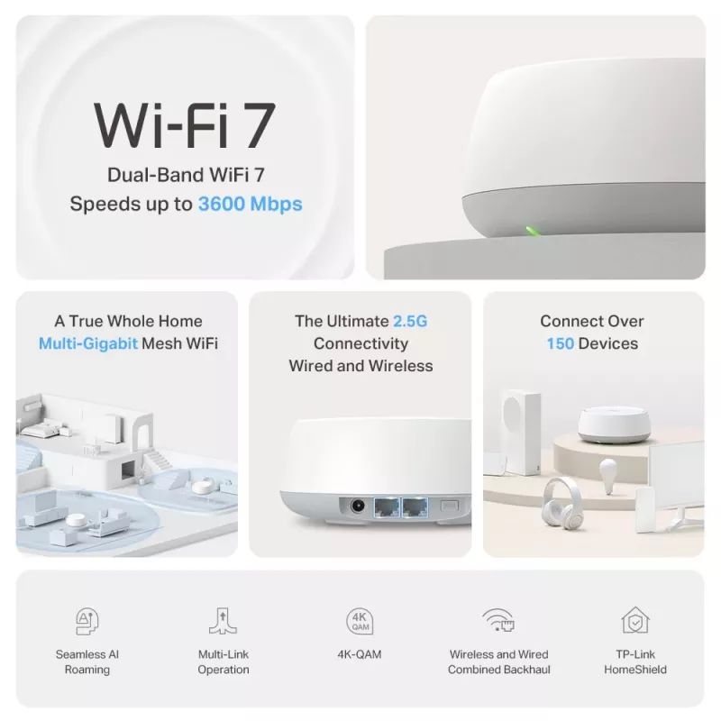 TP-Link BE3600 Whole Home Mesh Wi-Fi 7 System(1-Pack), White, Internal, Mesh system, Dual-band (2.4 GHz / 5 GHz), Wi-Fi 7 (802.11be), 2882 Mbit/s