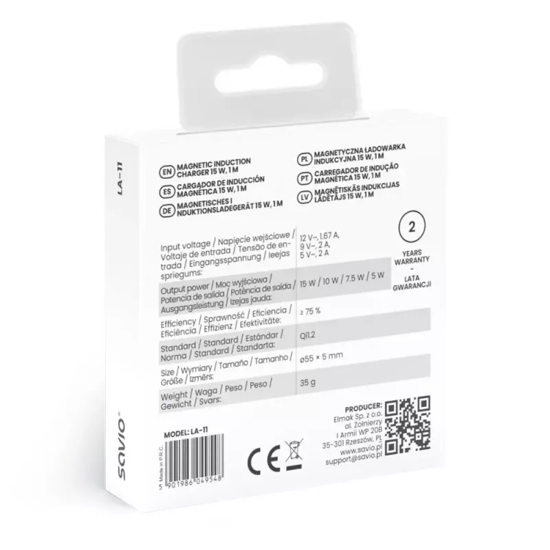 Wireless indoor mobile charger SAVIO LA-11, Qi 1.2, 15 W, white, 55×55×5 mm