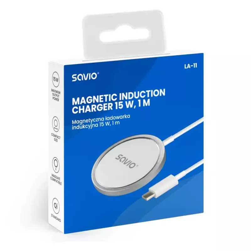 Wireless indoor mobile charger SAVIO LA-11, Qi 1.2, 15 W, white, 55×55×5 mm