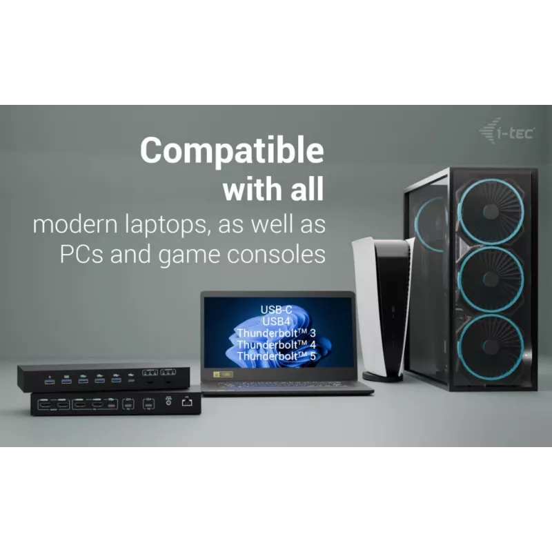 ITEC i-tec USB-C KVM Dock PRO for Three Hosts, Dual Video, 2x Power Delivery (max 92W), USB 3.2, 10 Gbps, Gigabit Ethernet