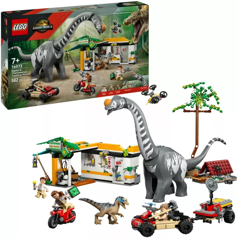 LEGO Jurassic World set 76973 — Raptor & Titanosaurus with 3 figures, 582 pieces, ages 7+