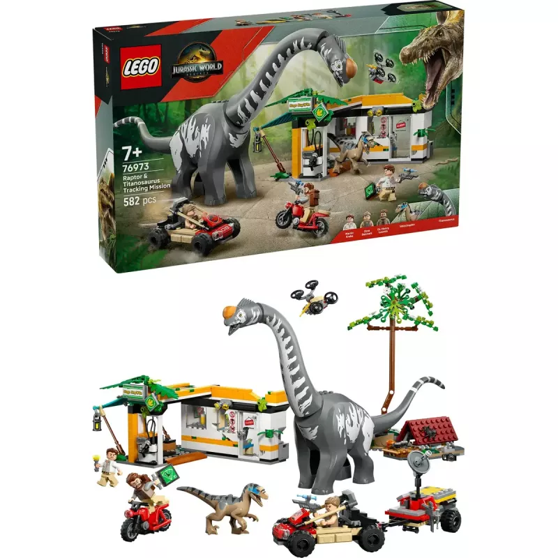 LEGO Jurassic World set 76973 — Raptor & Titanosaurus with 3 figures, 582 pieces, ages 7+