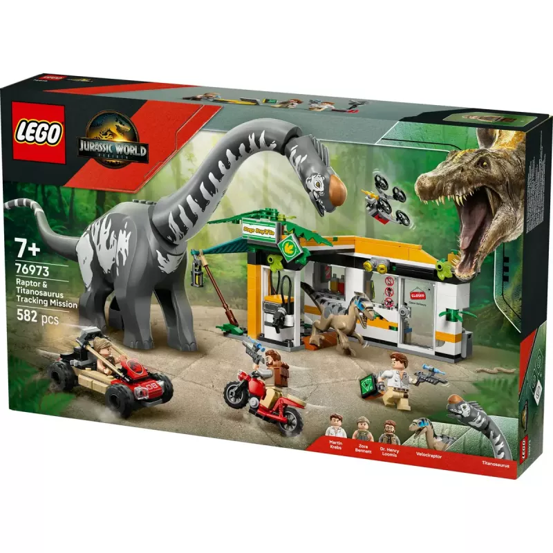 LEGO Jurassic World set 76973 — Raptor & Titanosaurus with 3 figures, 582 pieces, ages 7+