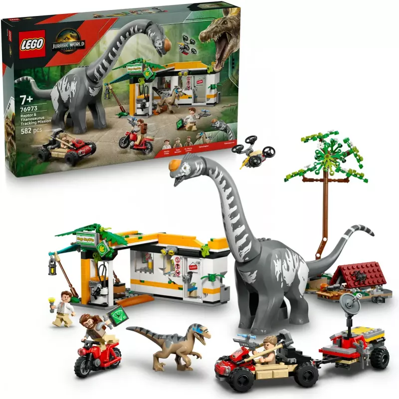 LEGO Jurassic World set 76973 — Raptor & Titanosaurus with 3 figures, 582 pieces, ages 7+