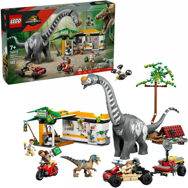 LEGO Jurassic World set 76973 — Raptor & Titanosaurus with 3 figures, 582 pieces, ages 7+