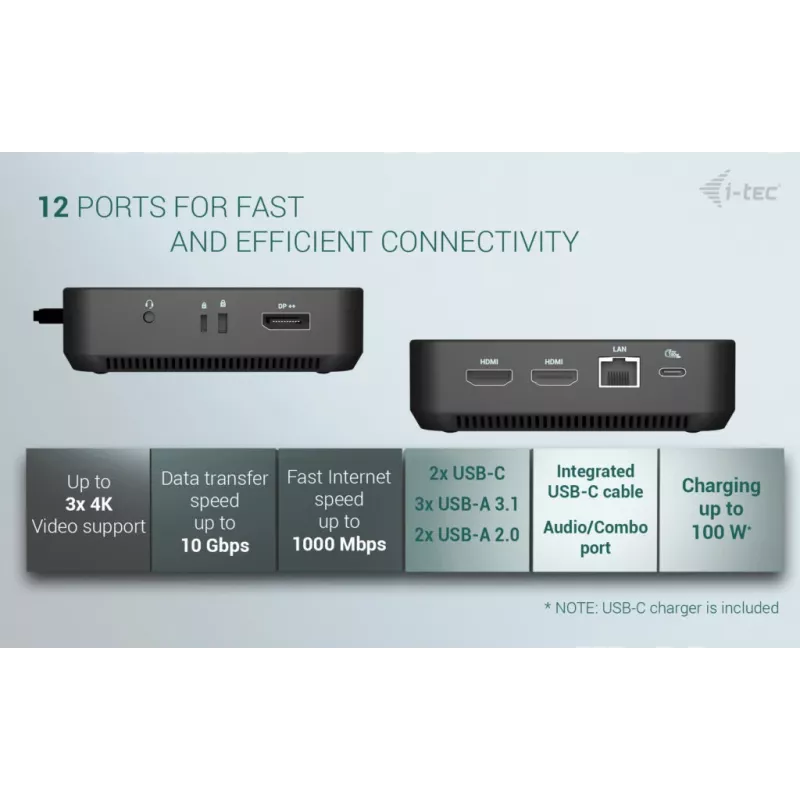 i-tec USB-C DP Dual HDMI Docking Station with Power Delivery 100 W + Universal Charger 100W