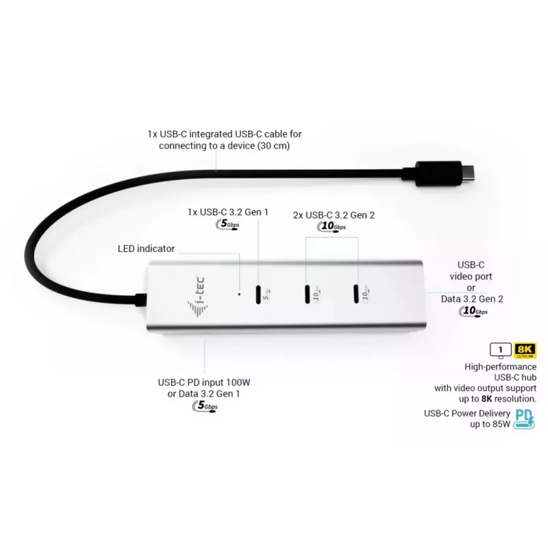 i-tec Metal USB-C Charging HUB 5port with USB-C video 8K + Power Delivery 85W