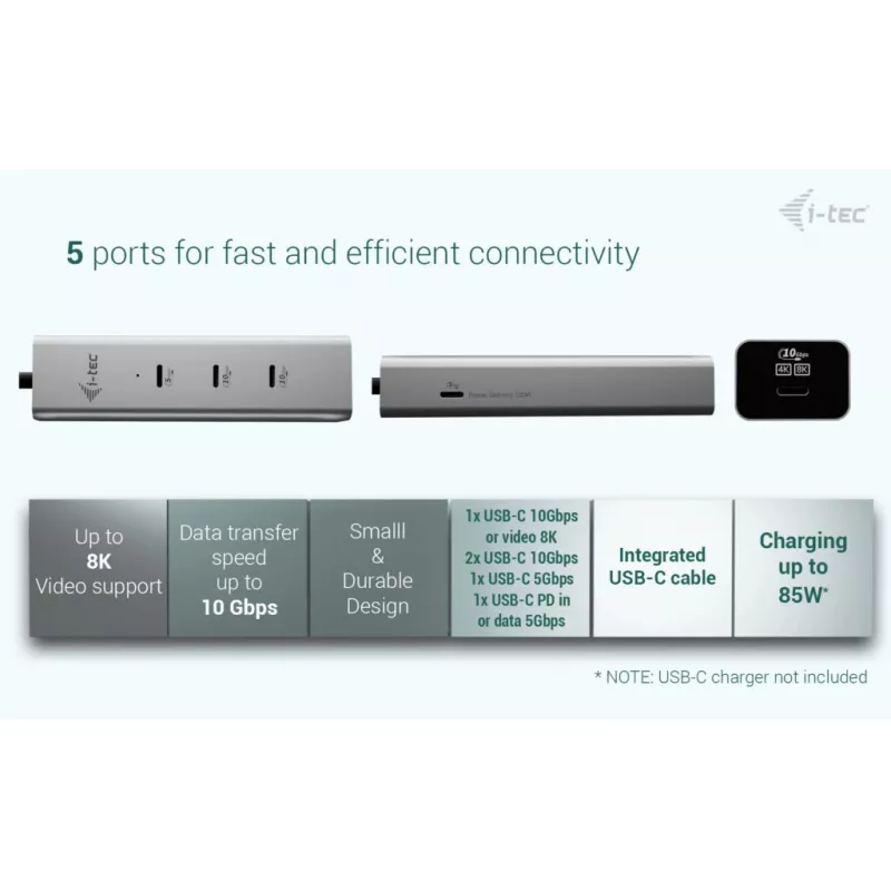 i-tec Metal USB-C Charging HUB 5port with USB-C video 8K + Power Delivery 85W