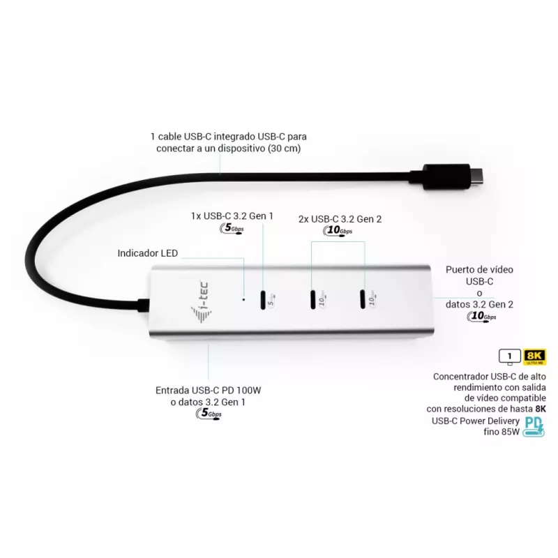 i-tec Metal USB-C Charging HUB 5port with USB-C video 8K + Power Delivery 85W