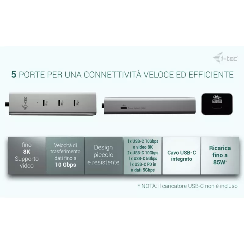 i-tec Metal USB-C Charging HUB 5port with USB-C video 8K + Power Delivery 85W