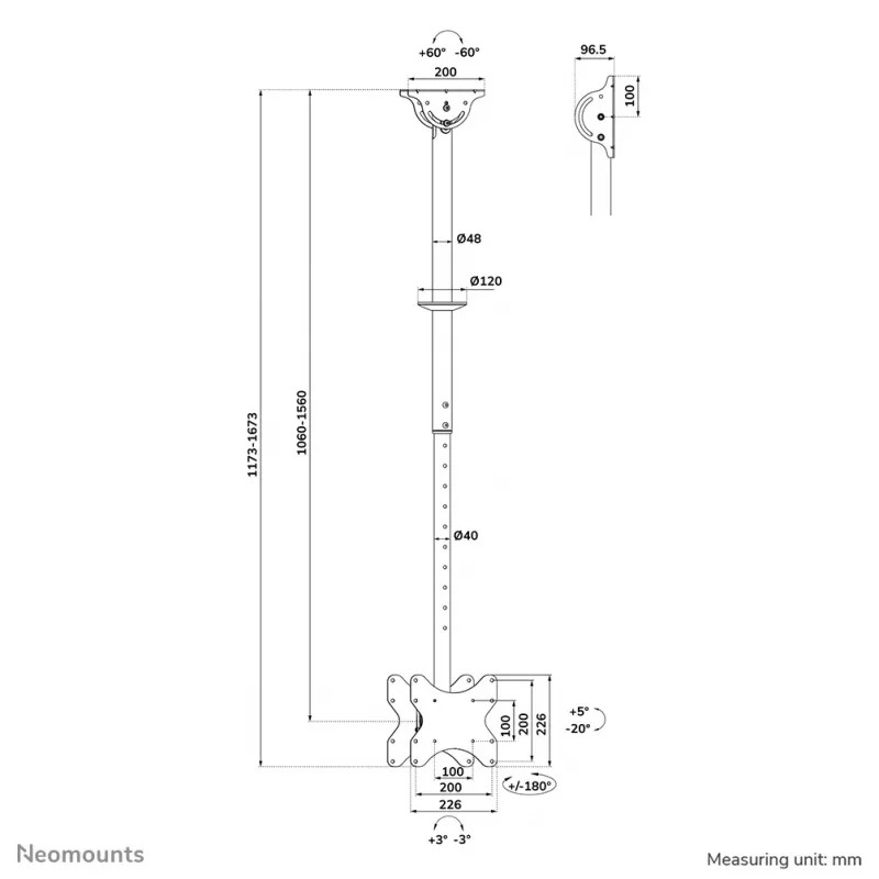 Neomounts TV ceiling mount CL35-340BL22 max weight 45kg 23-42 inch