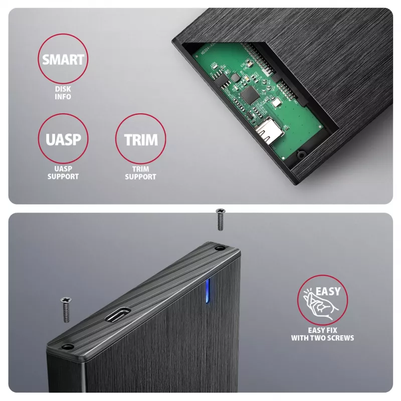 Axagon EE25-XA6C Compact aluminum USB-C 5Gbps – SATA 6G external box for 2.5 inch SSD/HDD