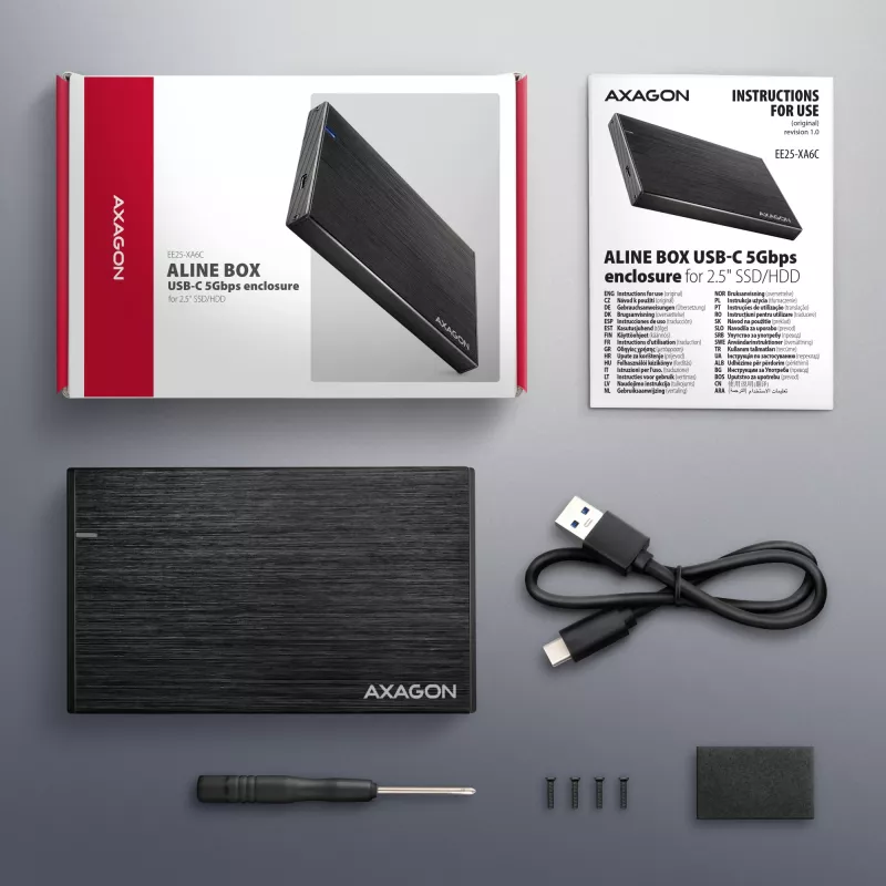 Axagon EE25-XA6C Compact aluminum USB-C 5Gbps – SATA 6G external box for 2.5 inch SSD/HDD