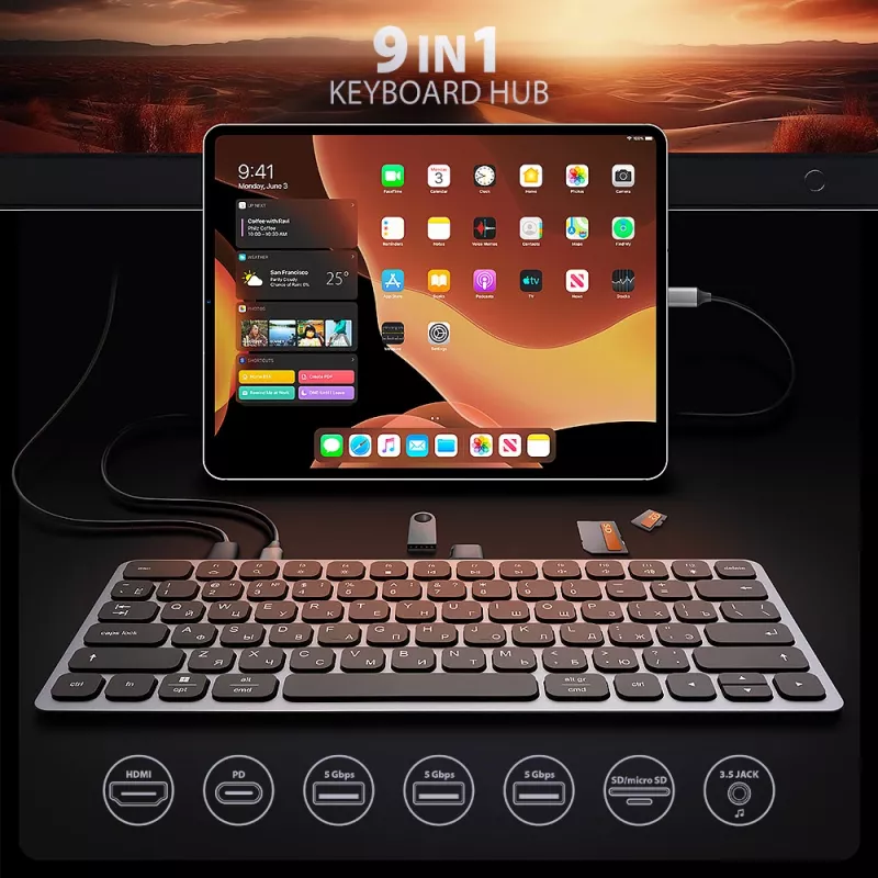 Axagon HMC-KB-CRL, USB 5Gbps hub w. keyboard, HDMI 4K/60Hz, 3x USB-A, SD/mSD, audio, PD100, Cyrillic layout