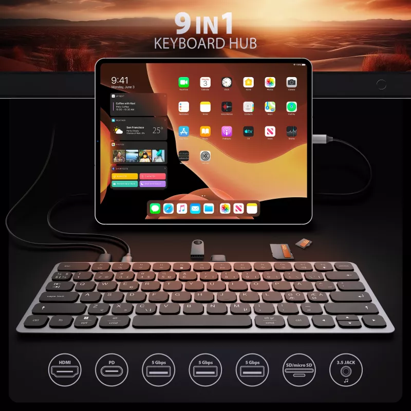 Axagon HMC-KB-NRD, USB 5Gbps hub w. keyboard, HDMI 4K/60Hz, 3x USB-A, SD/mSD, audio, PD100, Nordic layout