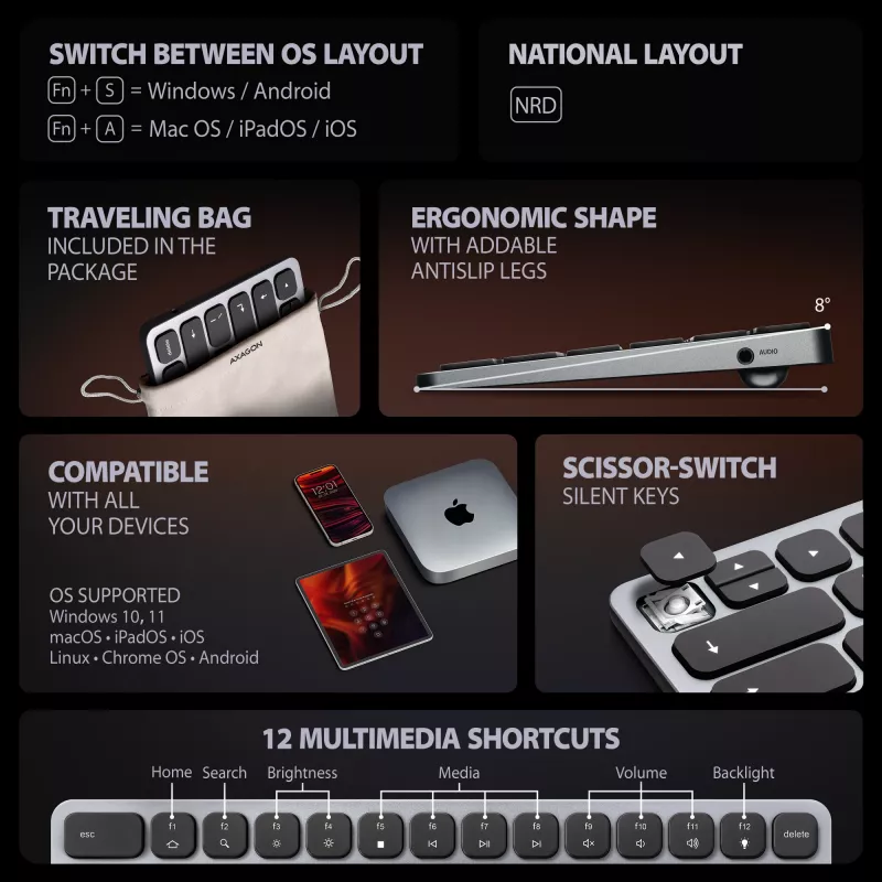 Axagon HMC-KB-NRD, USB 5Gbps hub w. keyboard, HDMI 4K/60Hz, 3x USB-A, SD/mSD, audio, PD100, Nordic layout