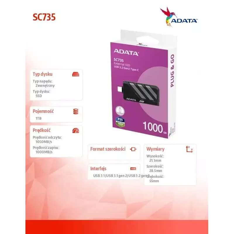 SSD Disk ADATA 1TB External 2.5 inch U3.2C SC735
