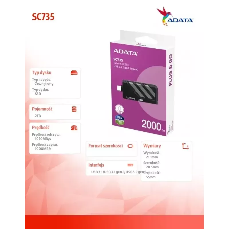 SSD Disk ADATA 2TB External SC735 U3.2C Grey