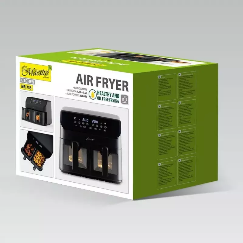 Maestro MR-758 dual-basket air fryer, 2 x 4.5 L (9 L), 2000 W, 80–200°C, 8 programs, black