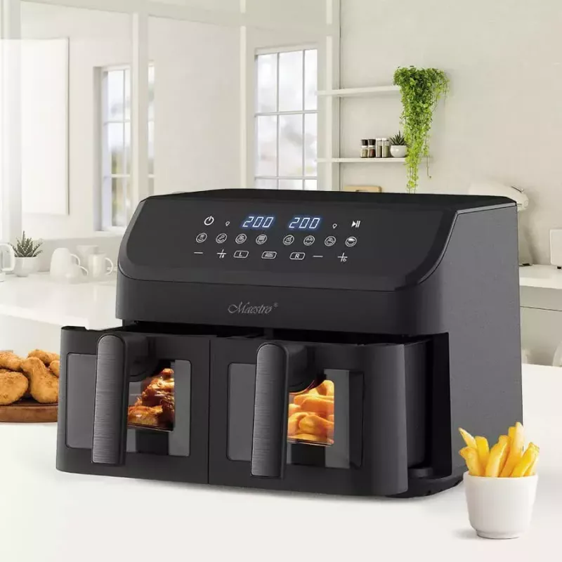 Maestro MR-758 dual-basket air fryer, 2 x 4.5 L (9 L), 2000 W, 80–200°C, 8 programs, black