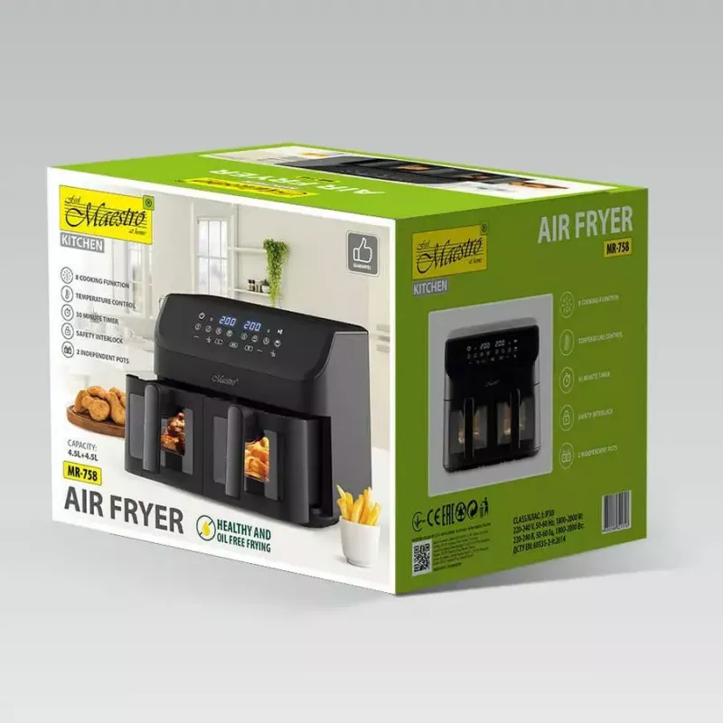 Maestro MR-758 dual-basket air fryer, 2 x 4.5 L (9 L), 2000 W, 80–200°C, 8 programs, black