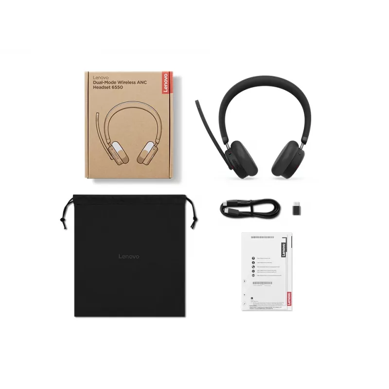 Lenovo 6550 Headset Wireless Head-band Office/Call center USB Type-C Bluetooth Black