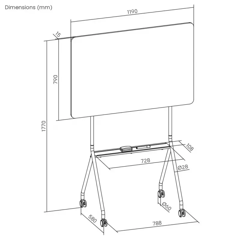 Whiteboard ergo office ER-306 — dry-erase single-sided horizontal board, 1190×790 mm, freestanding steel with castor wheels, magnetic