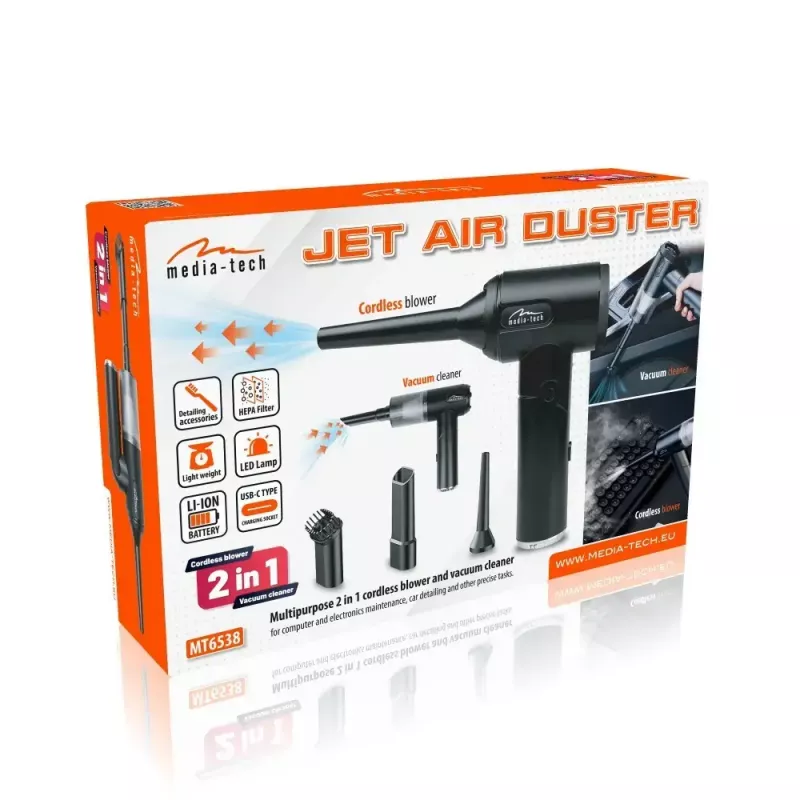 Mini blower MEDIA-TECH MT6538 2 IN 1 Jet Air Duster — cordless handheld cleaner, 2000 mAh, 65 W, 2500 l/min, 7000 Pa