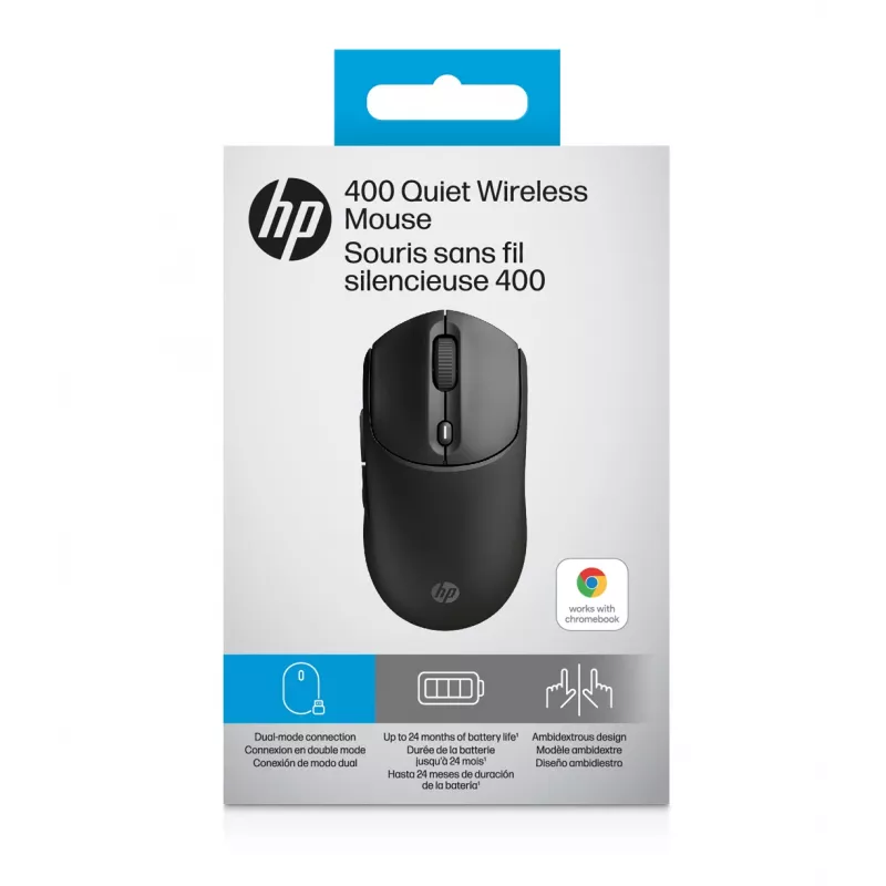 HP 400 Quiet Black Wireless Mouse, Ambidextrous, RF Wireless + Bluetooth, 6000 DPI, Black