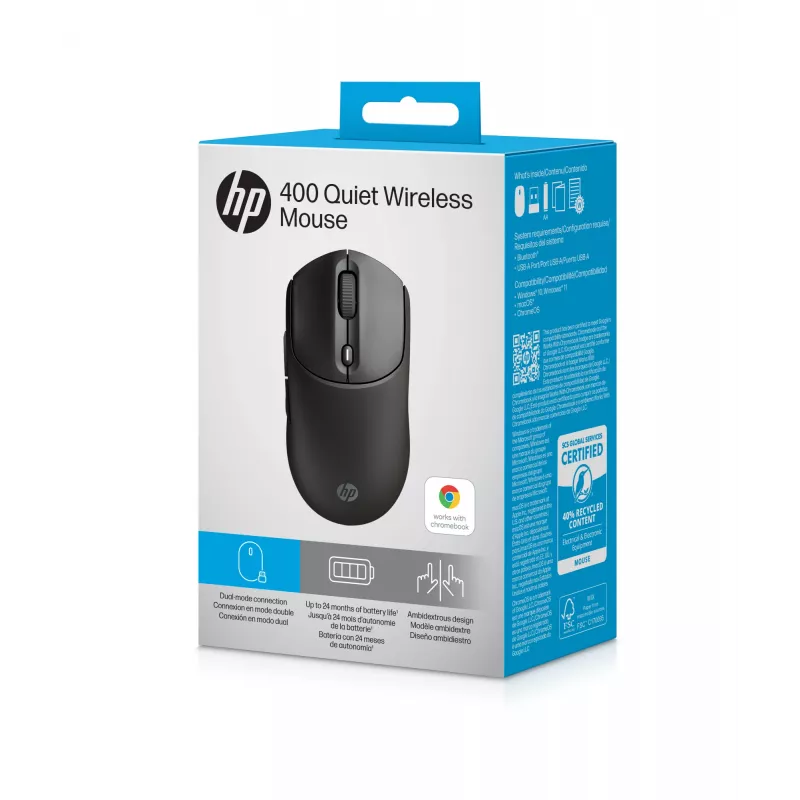 HP 400 Quiet Black Wireless Mouse, Ambidextrous, RF Wireless + Bluetooth, 6000 DPI, Black