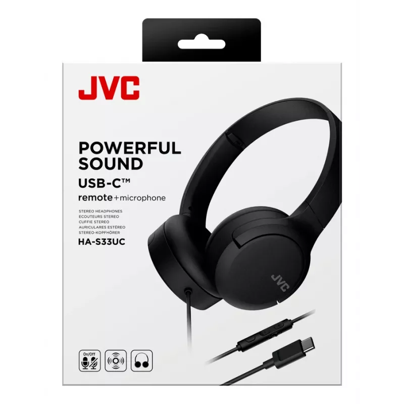 Headset JVC HA-S33UC binaural wired head-band, 2 drivers 29.7 mm, 20–20000 Hz, 1.2 m cable, inline mic, black