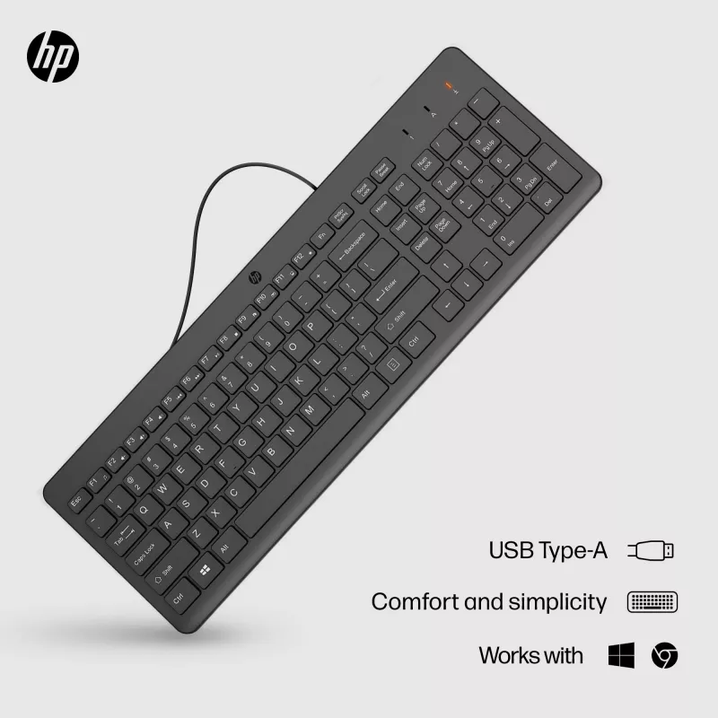 HP 150 Wired Keyboard, Full-size (100%), Wired, USB, Mechanical, QWERTY, Black