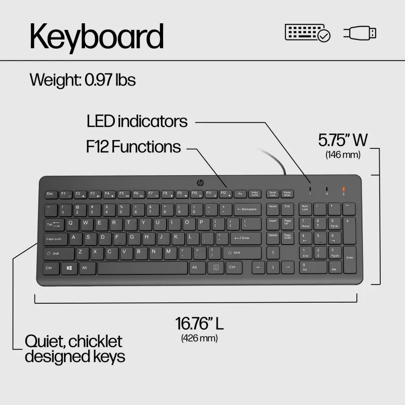 HP 150 Wired Keyboard, Full-size (100%), Wired, USB, Mechanical, QWERTY, Black