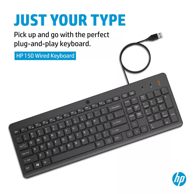 HP 150 Wired Keyboard, Full-size (100%), Wired, USB, Mechanical, QWERTY, Black