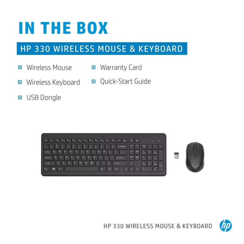 HP 330 Wireless Mouse and Keyboard Combination, Full-size (100%), Wireless, RF Wireless, QWERTY, Black, Mouse included