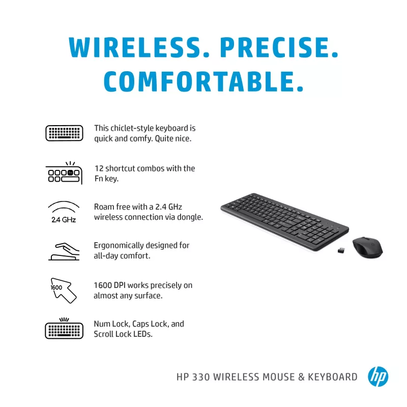 HP 330 Wireless Mouse and Keyboard Combination, Full-size (100%), Wireless, RF Wireless, QWERTY, Black, Mouse included