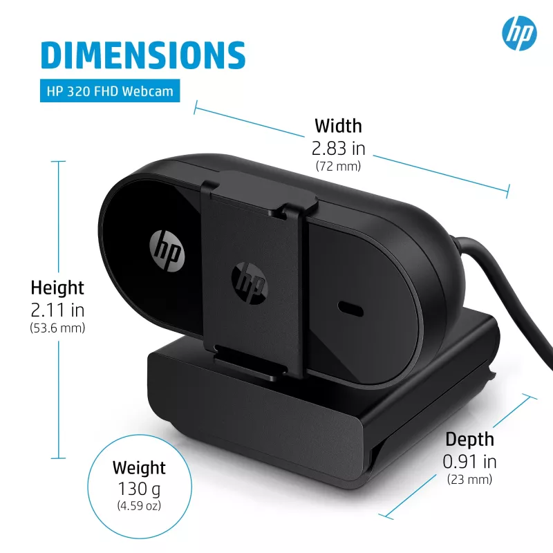 HP 320 FHD Webcam, 1920 x 1080 pixels, Full HD, 30 fps, Home, USB, Black