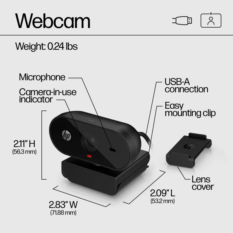 HP 320 FHD Webcam, 1920 x 1080 pixels, Full HD, 30 fps, Home, USB, Black