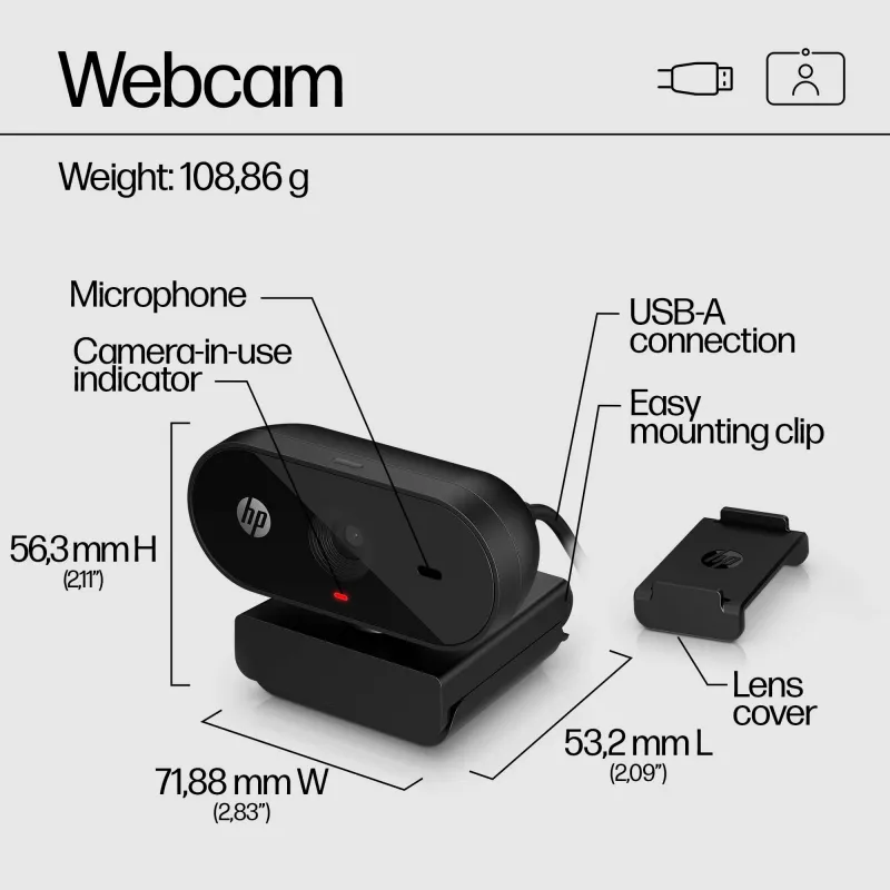HP 320 FHD Webcam, 1920 x 1080 pixels, Full HD, 30 fps, Home, USB, Black