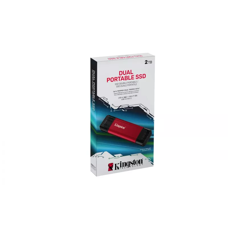 External SSD Kingston 2TB Dual USB-A/USB-C, USB 3.2 Gen 2, Read 1050 MB/s, Write 950 MB/s, Black/Red