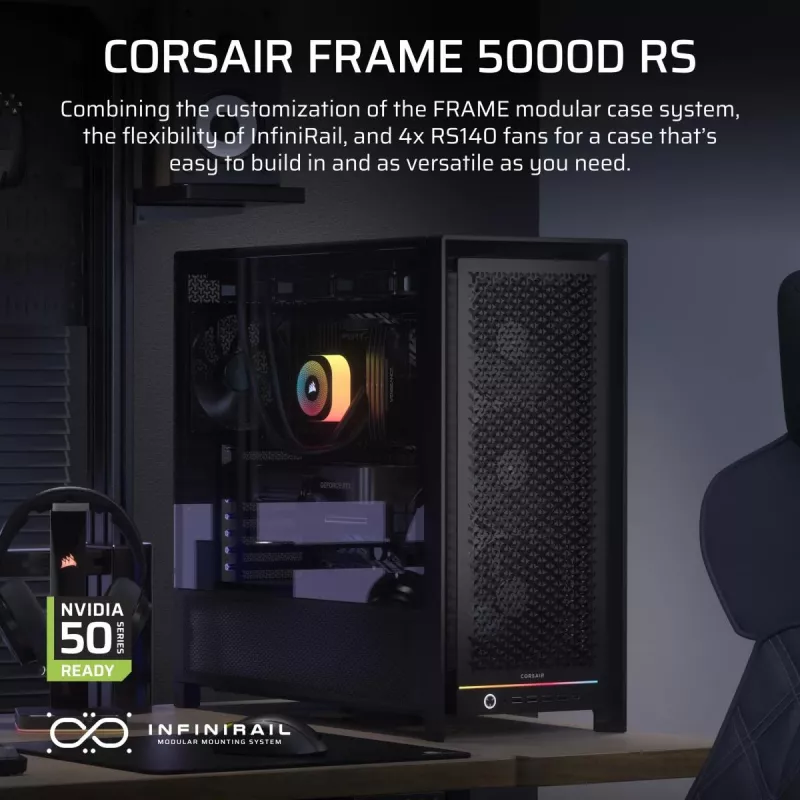 PC Midi Tower case CORSAIR FRAME 5000D RS — Black, ATX/EATX support, 3x140 mm front fans, tempered glass, 250×556×542 mm