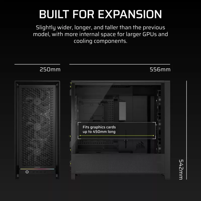 PC Midi Tower case CORSAIR FRAME 5000D RS — Black, ATX/EATX support, 3x140 mm front fans, tempered glass, 250×556×542 mm