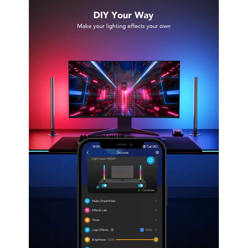 Smart lighting kit Govee H6047, Wi‑Fi/Bluetooth, 12V 24W, black, 5 pieces