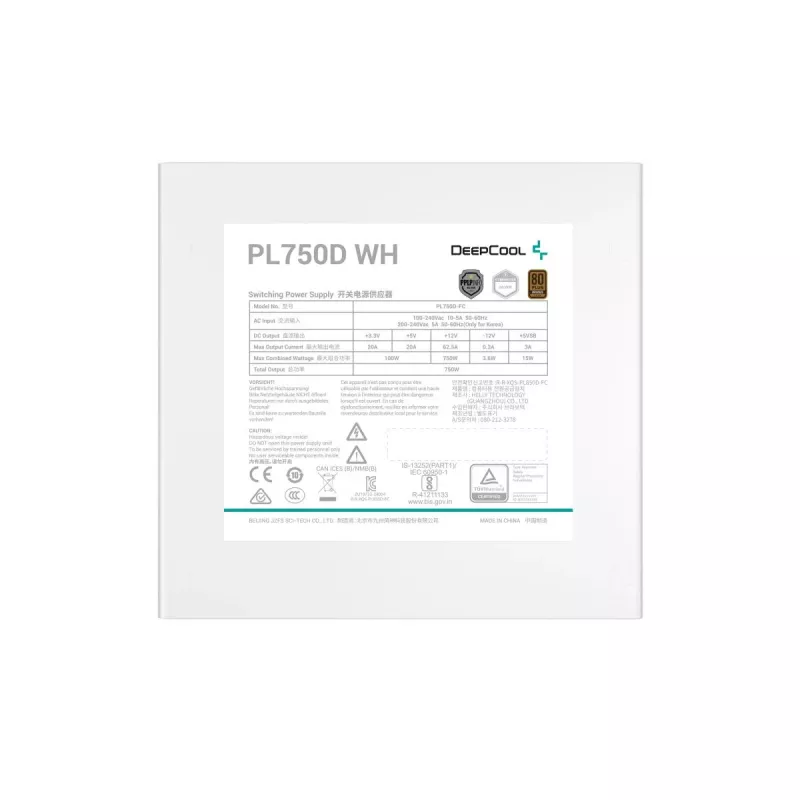 Power supply DeepCool PL750D WH — 750 W, ATX 20+4 pin, 80 PLUS Bronze, 120 mm fan, white