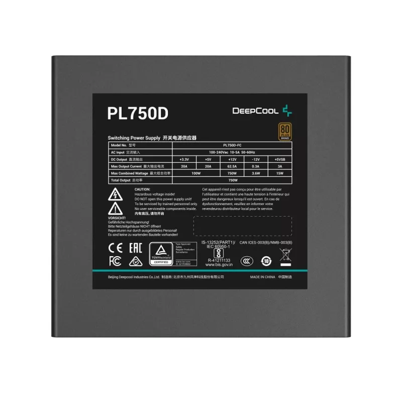 Power supply DeepCool PL750D 750W ATX 3.0 80 PLUS Bronze, 120 mm fan, 20+4 pin, black
